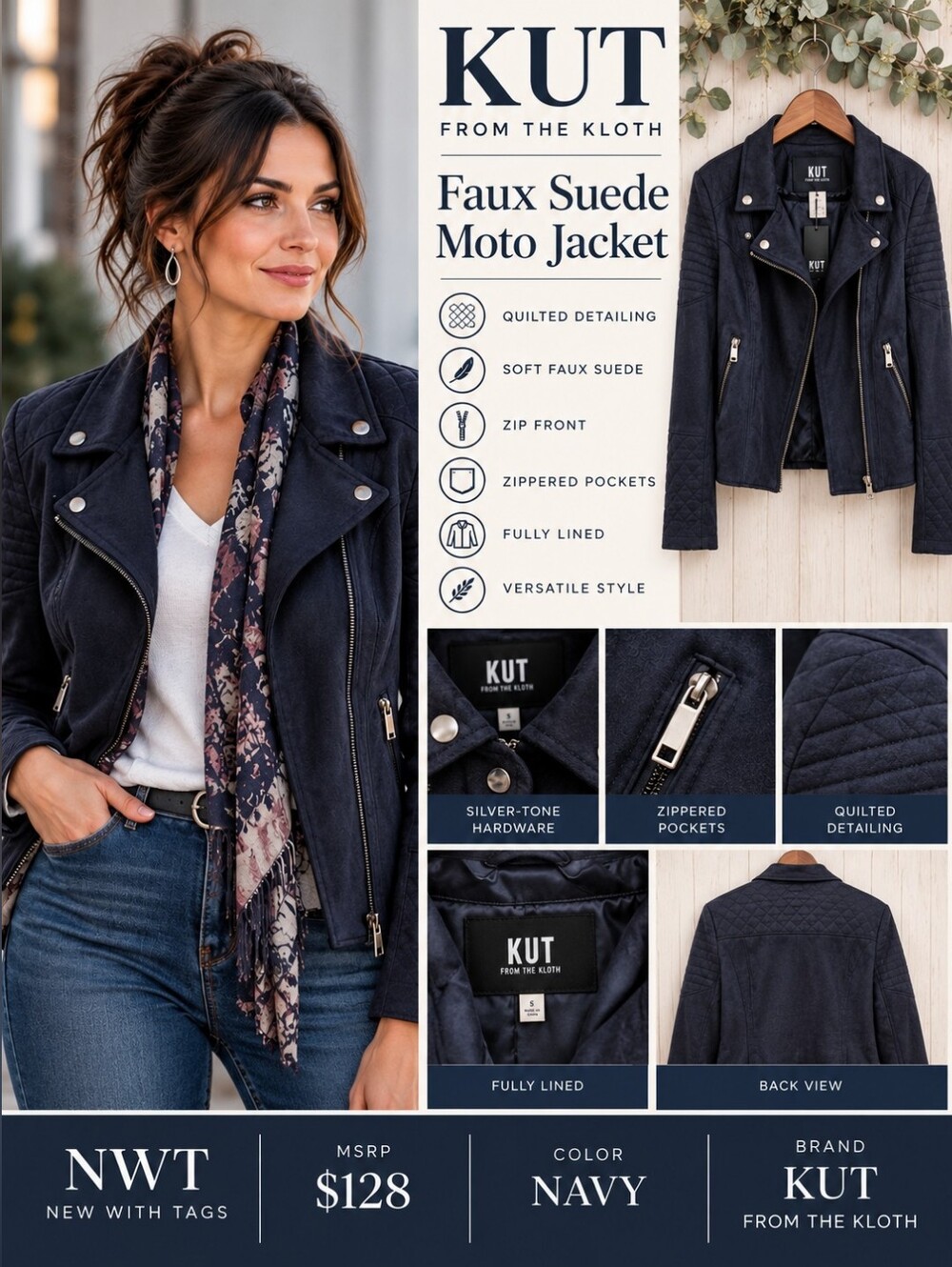 KUT From the Kloth Navy Faux Suede Moto Jacket NWT